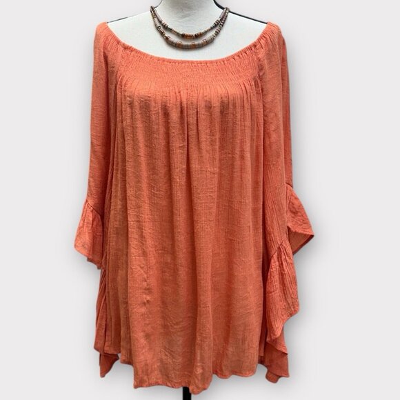 Est.1946 Womens 22/24W Top Orange Scoop Neck Long Flutter Sleeve Smocked Summer - Picture 1 of 10